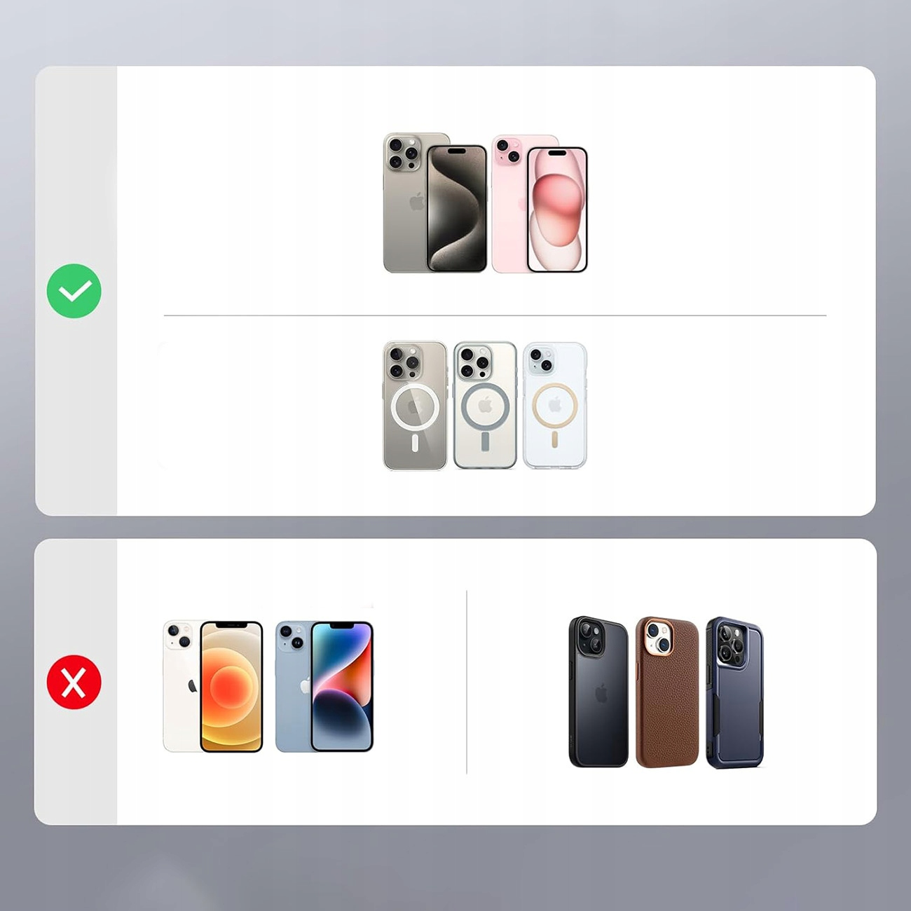 Porównanie etui na telefony, niektóre są akceptowalne, a niektóre nie. Pokazano trzy telefony.