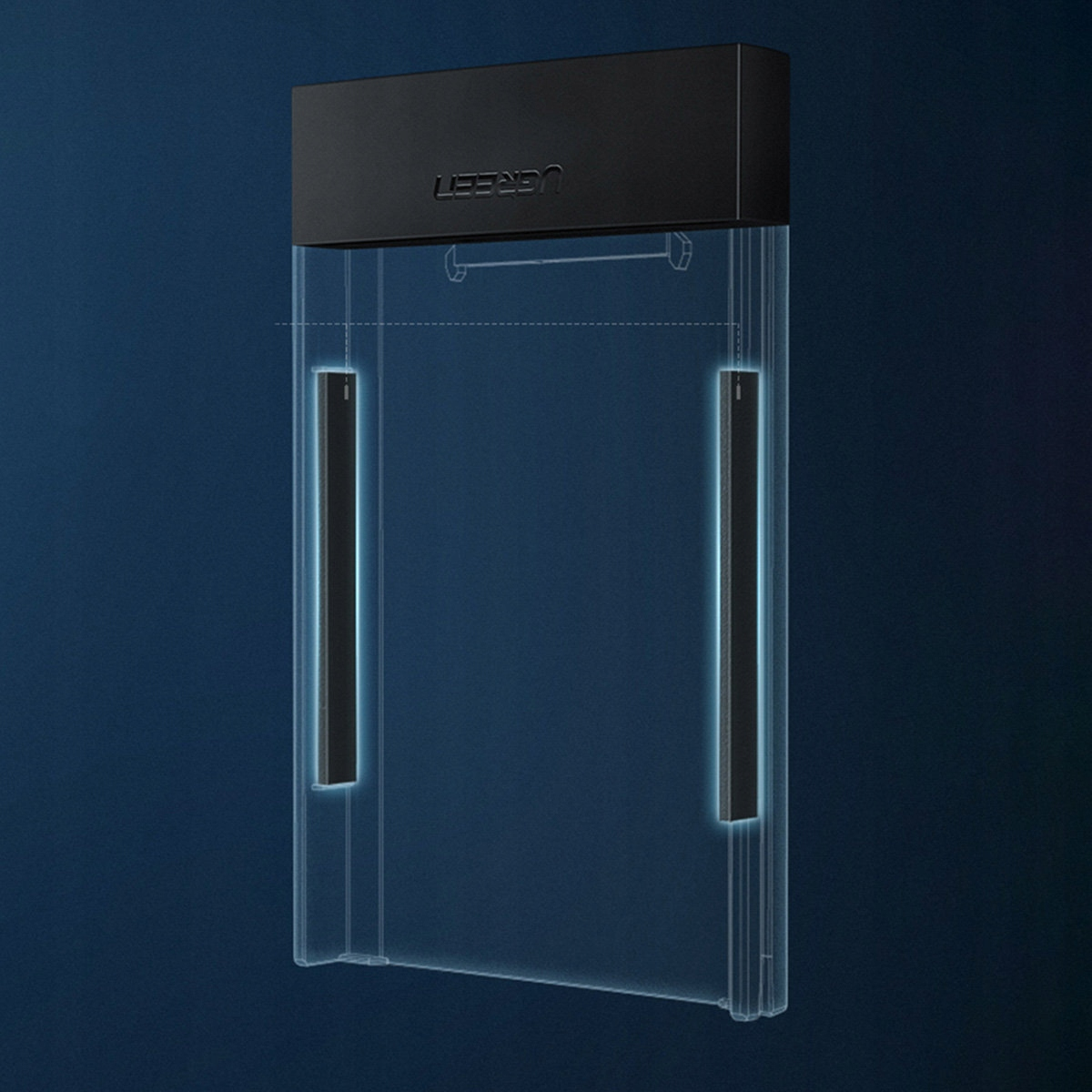 Przezroczysta obudowa z dwoma czarnymi paskami na niebieskim tle.