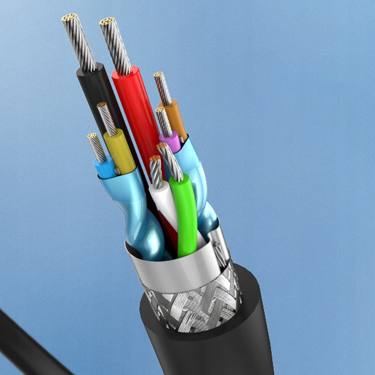 Zbliżenie przeciętego kabla, ujawniające kolorowe przewody wewnątrz czarnego kabla.