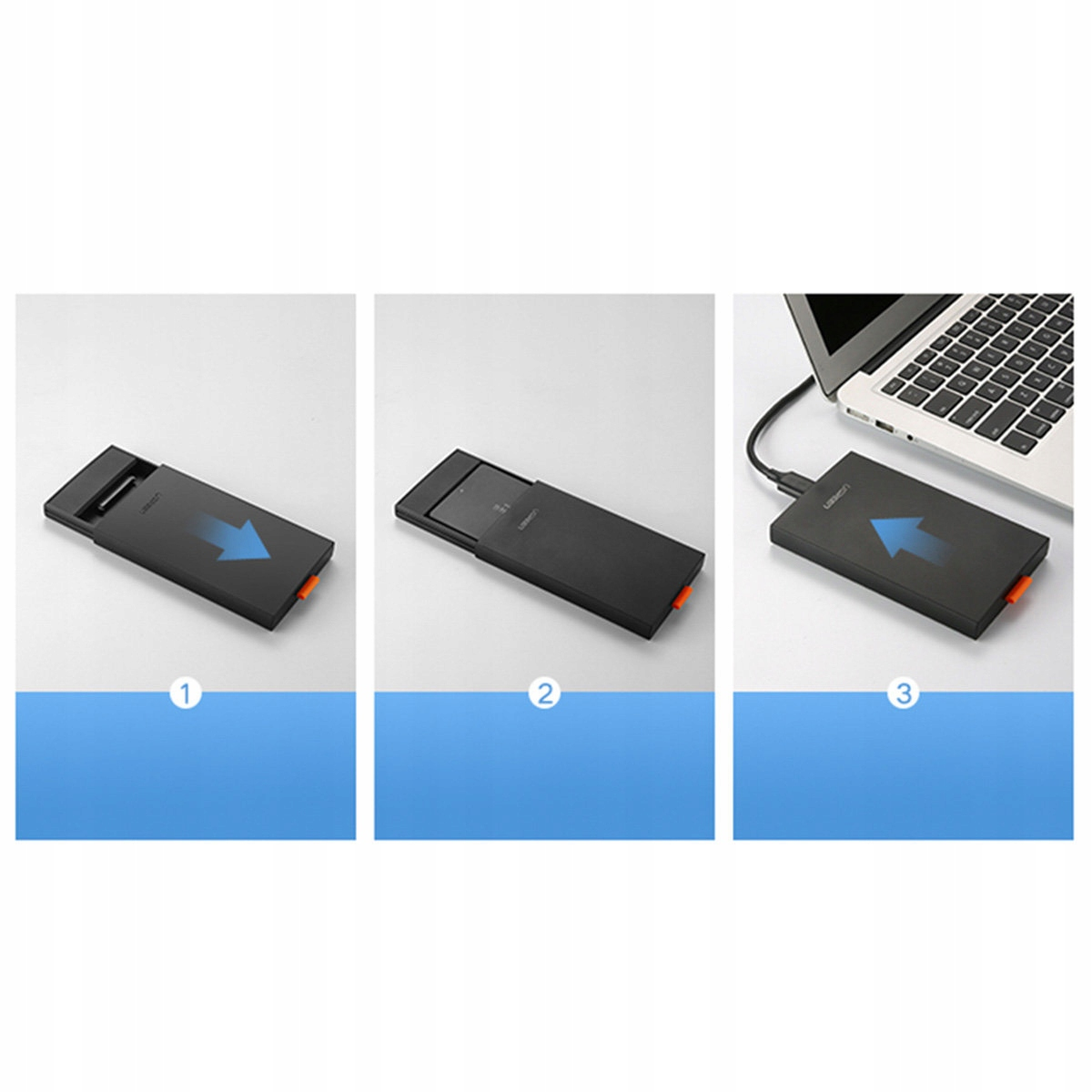 Trzy obrazy pokazują etapy montażu czarnej obudowy dysku twardego zewnętrznego Ugreen.