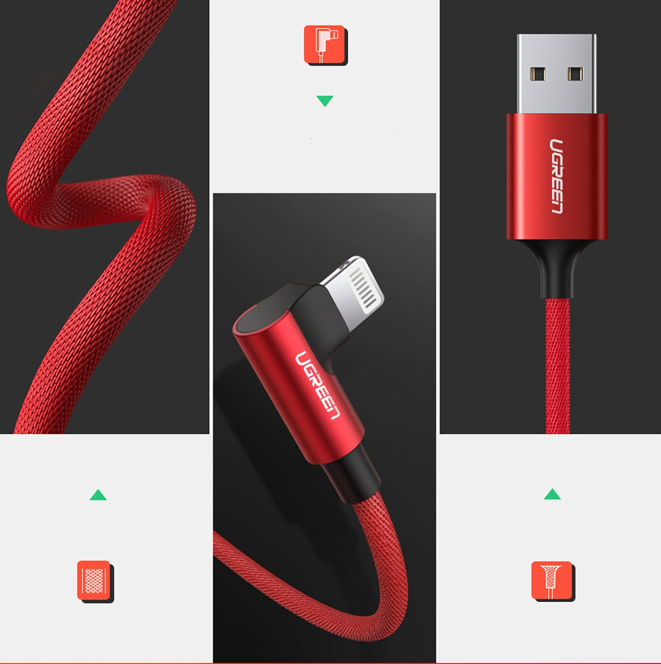 Kolaż przedstawiający czerwony kabel, złącze Lightning, złącze USB i diagram.