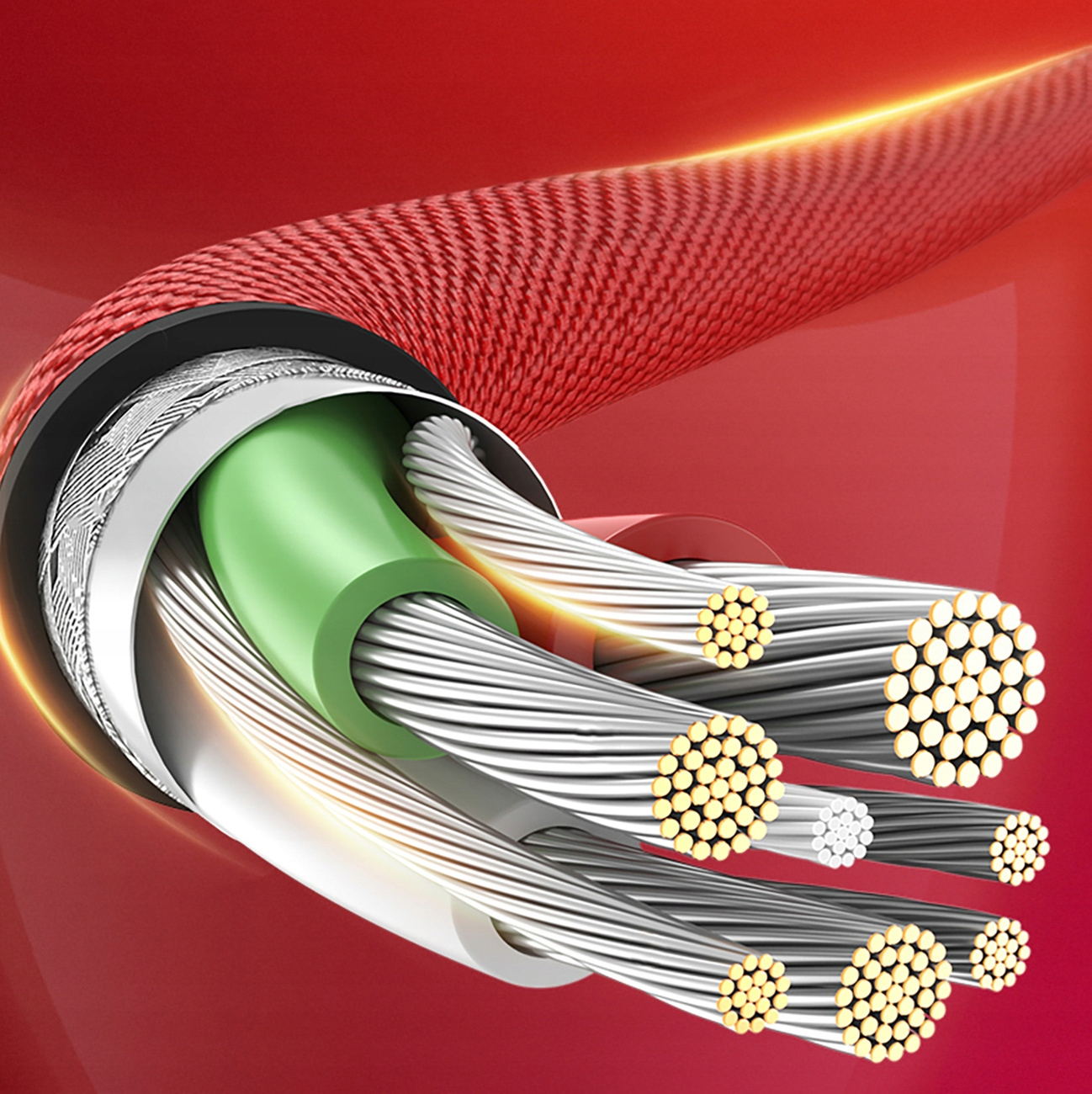 Przekrój kabla pokazujący wiele przewodów w różnych kolorach i izolacji wewnątrz czarnego kabla.