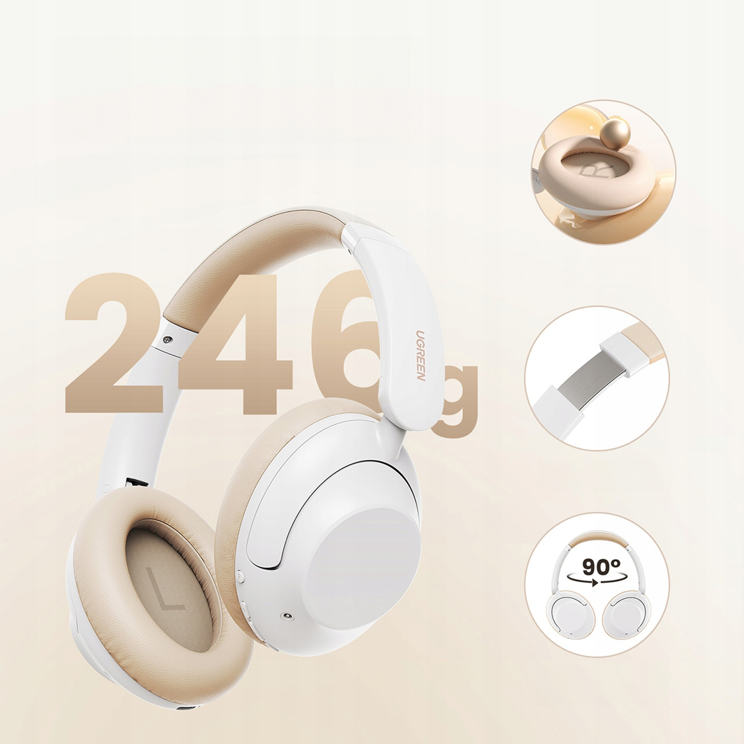Osoba nosi białe i beżowe słuchawki UGREEN. Widoczna liczba 246 i litera g.