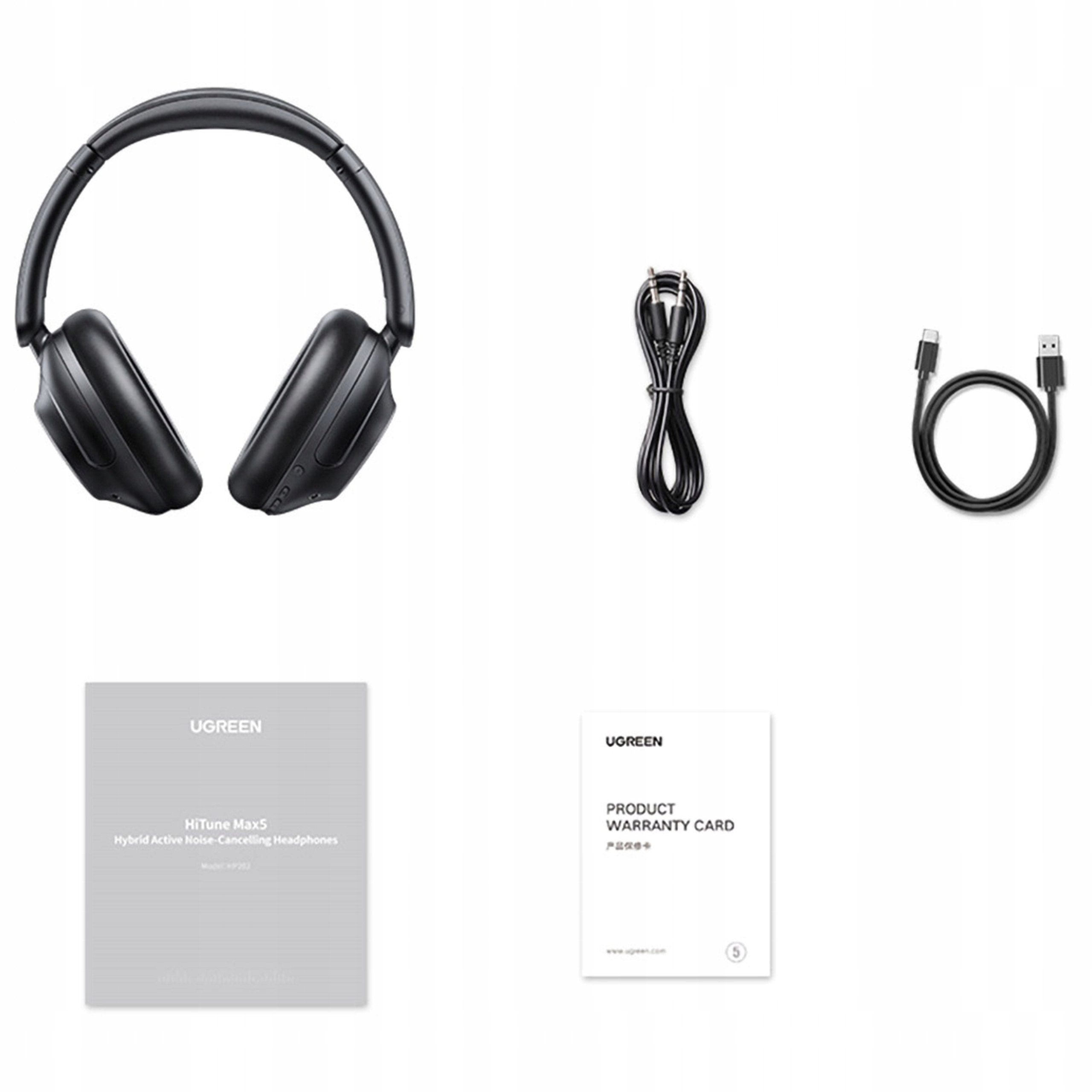 Słuchawki UGREEN z akcesoriami: kablem do ładowania, kablem USB i dwiema kartami.
