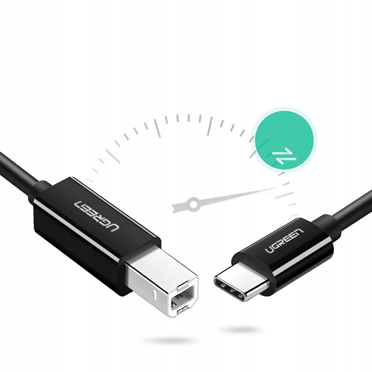 Kabel UGREEN ze złączami USB-C i USB-B. Okrągły diagram pokazuje transfer danych.