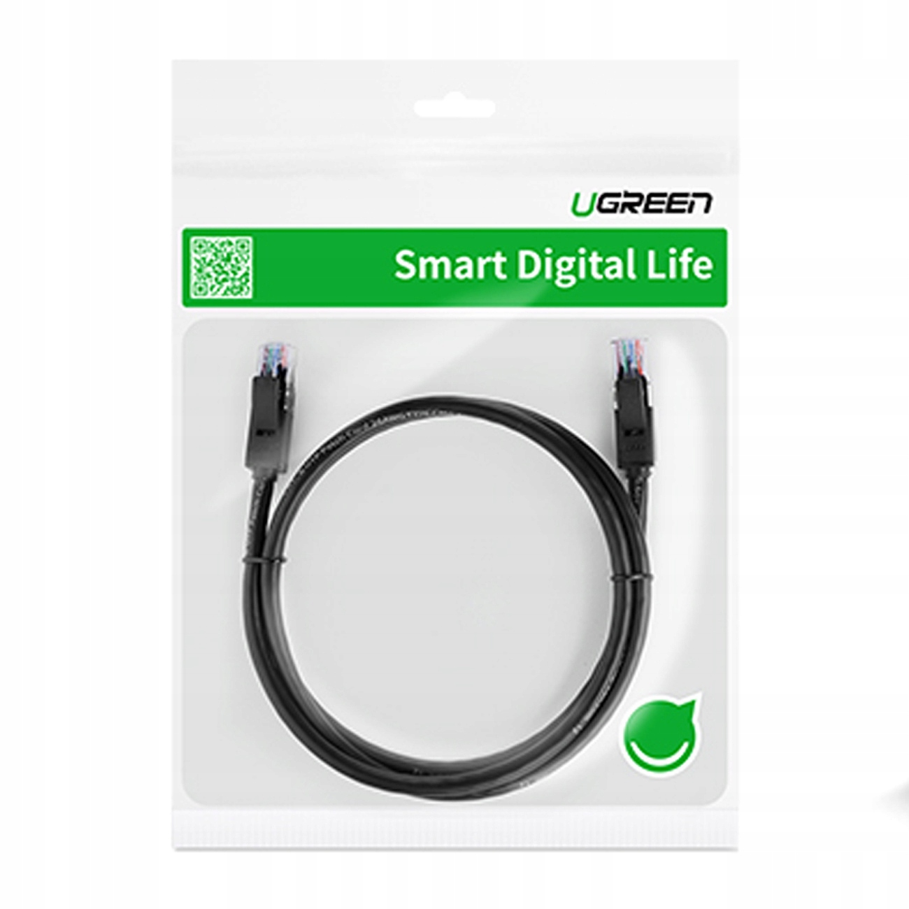 Opakowanie kabla Ethernet Ugreen. Białe opakowanie z kablami, kodem QR i logo.