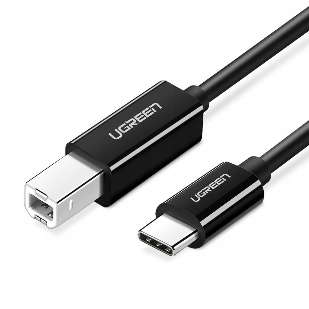 Czarny kabel UGREEN z wtyczką USB-B i USB-C, na białym tle.