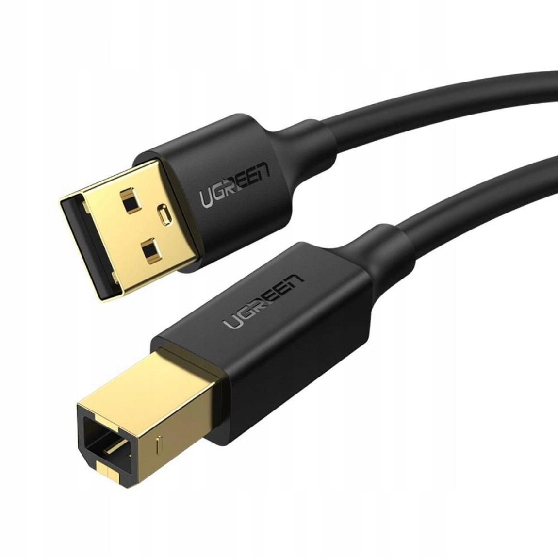 Czarny kabel UGREEN z wtyczkami USB i USB-B, złoty kolor. Białe tło.