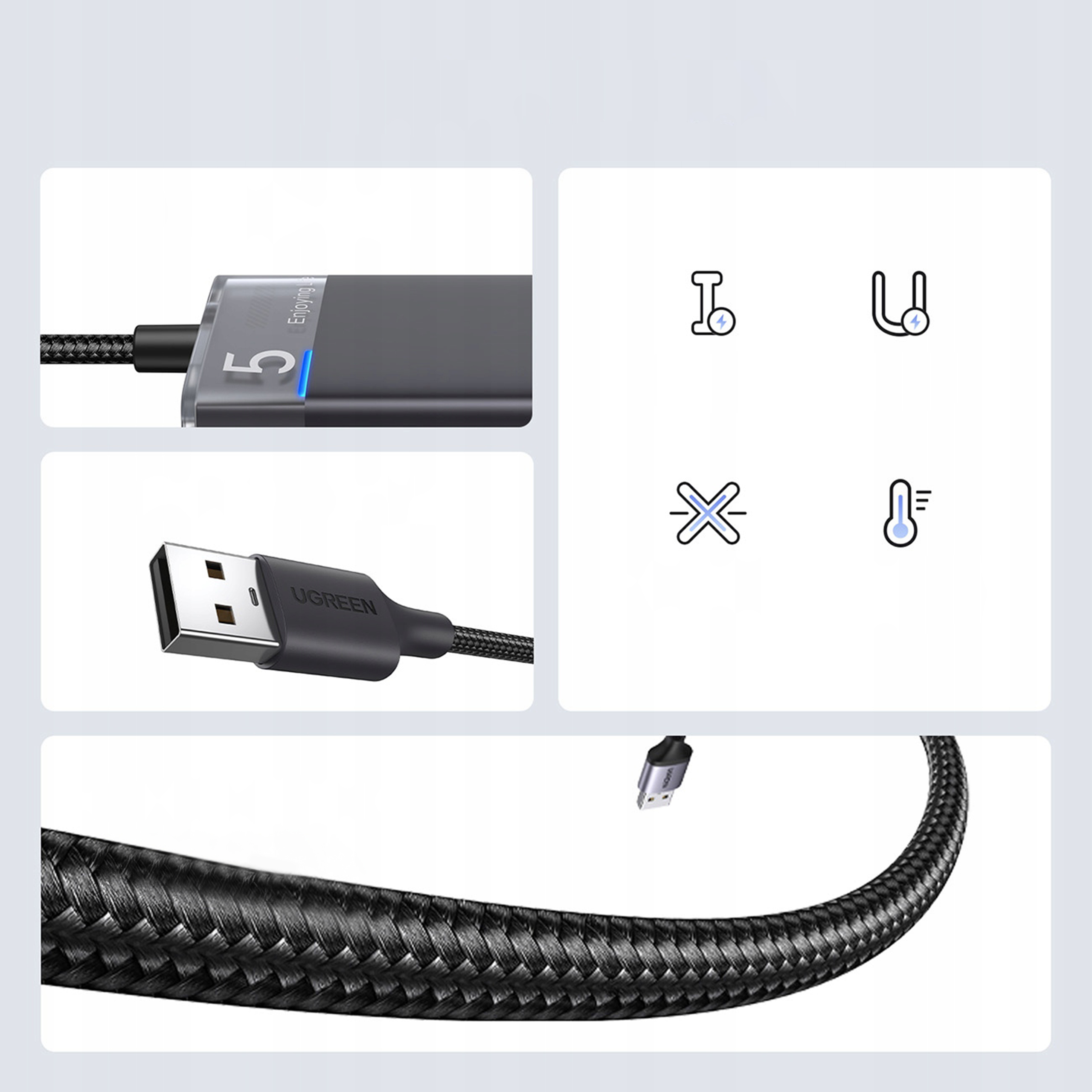 Zbliżenia huba USB ze złączem USB i różnymi ikonami.