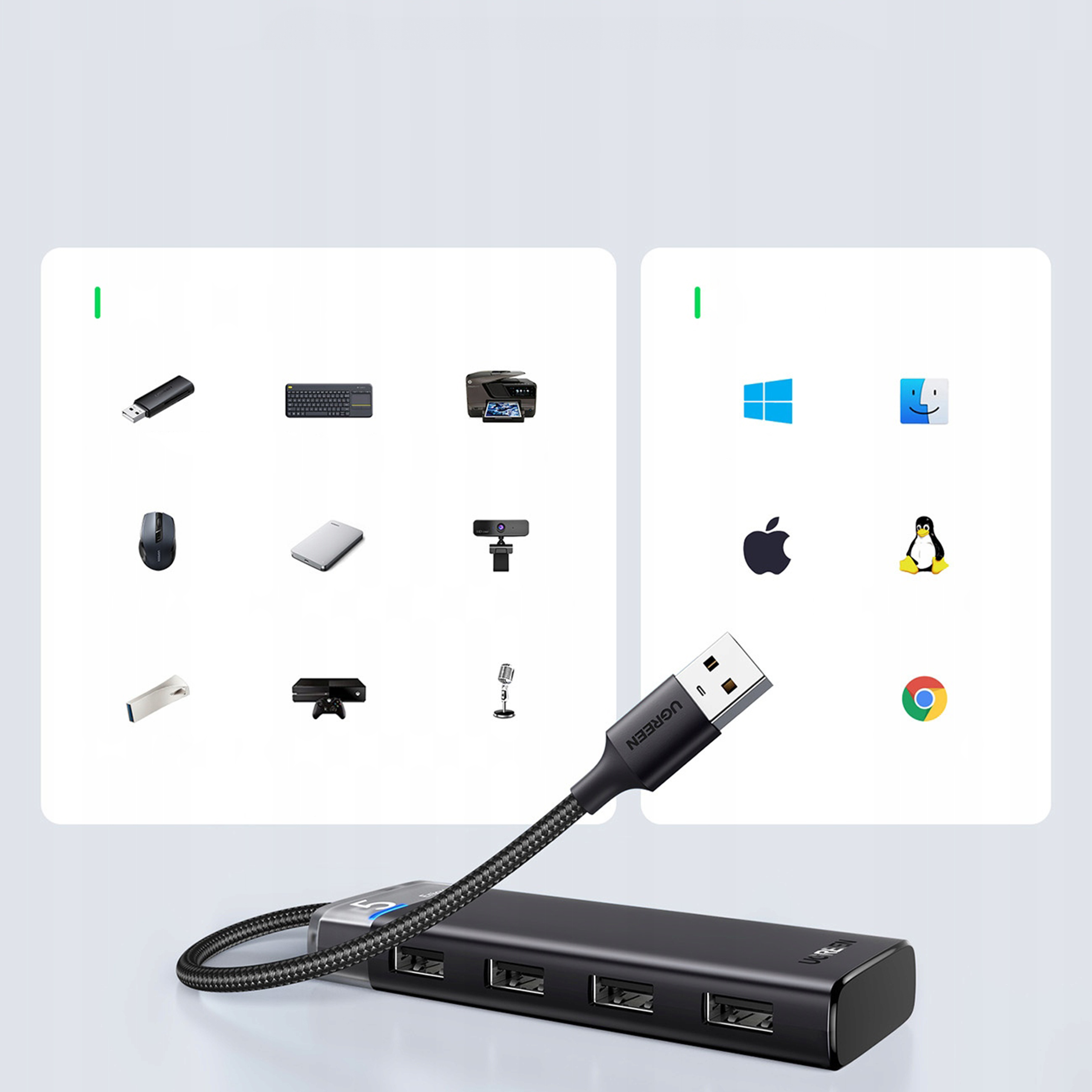 Czarny hub z wieloma portami, ikonami podłączonych urządzeń i kablem USB.