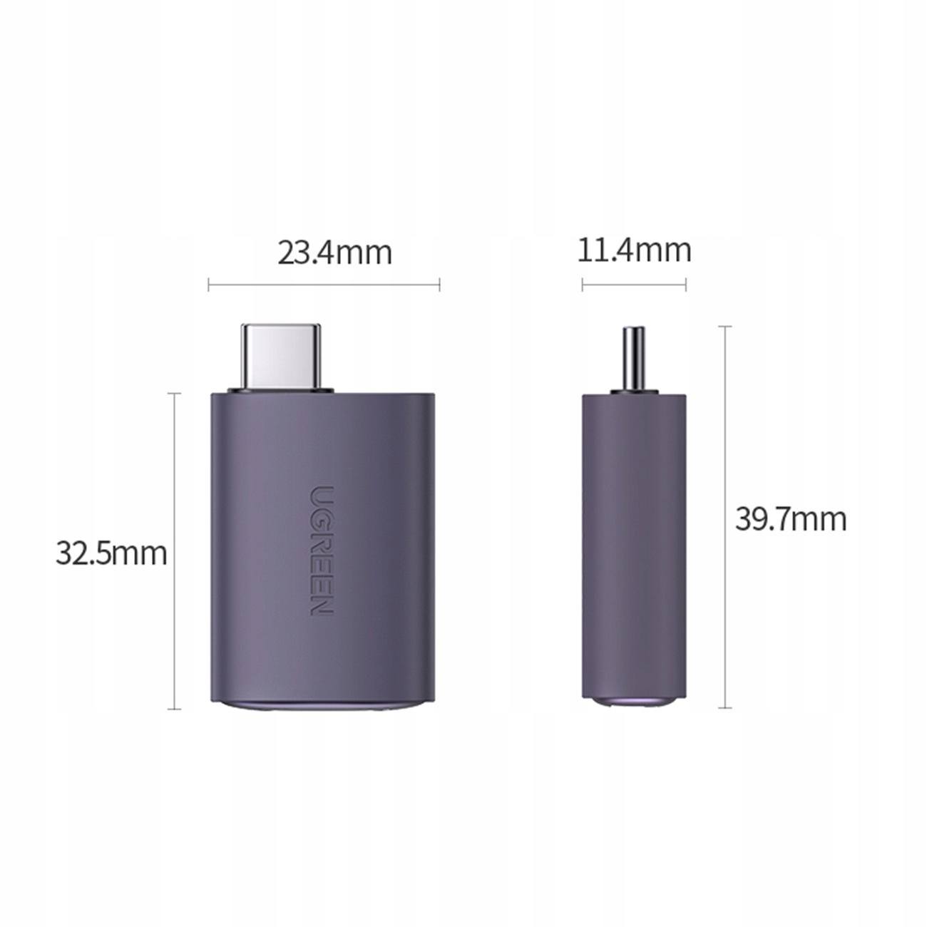 Szary adapter UGREEN z wymiarami. Widoczny port USB-C i logo UGREEN.