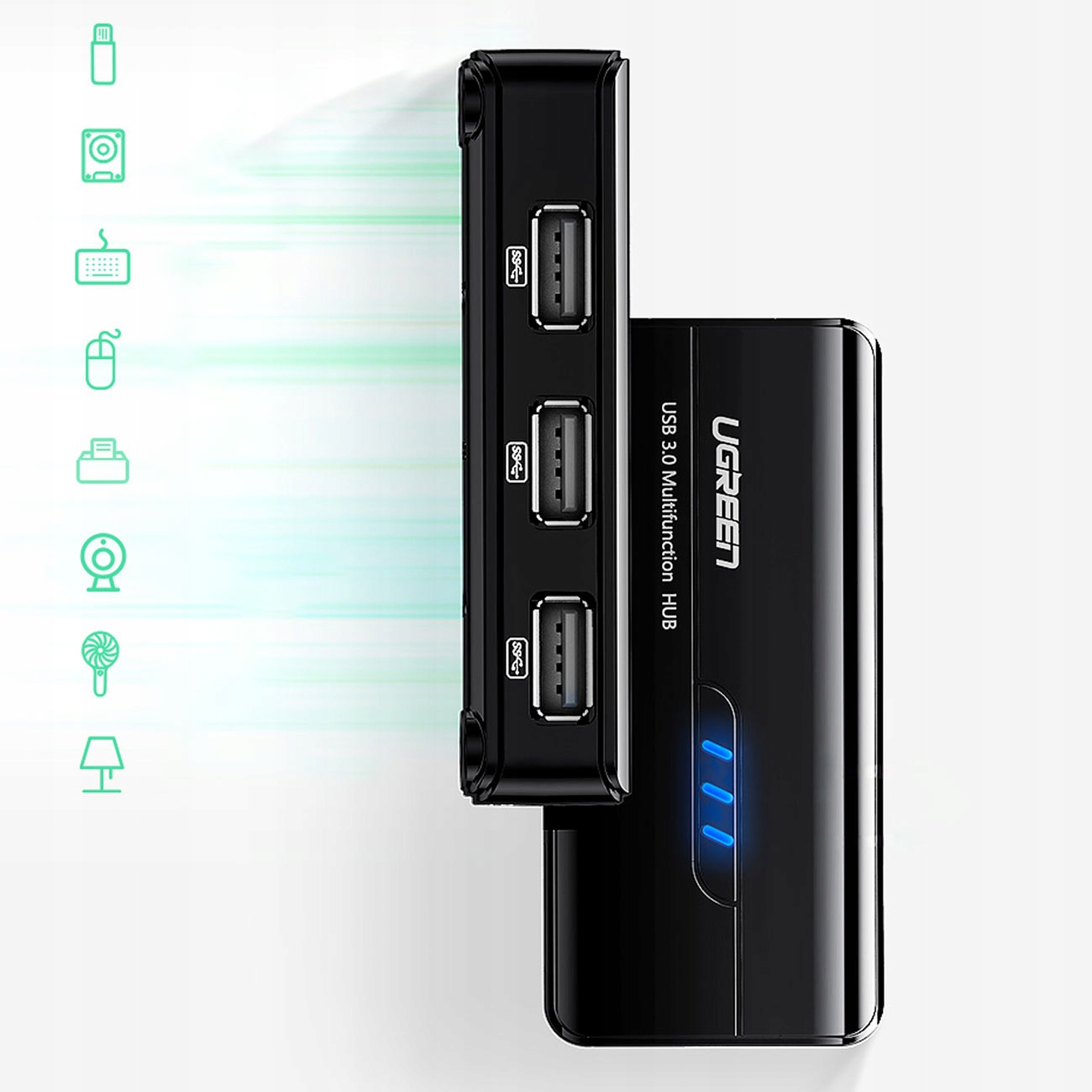Czarny hub USB 3.0 z wieloma portami USB i zasilaczem. Widoczne są ikony podłączonych urządzeń.
