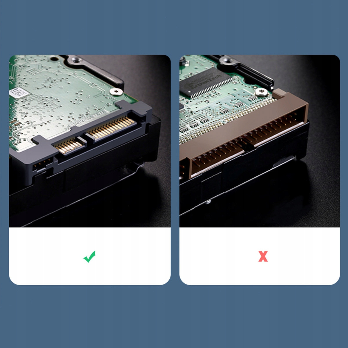 Dwa zbliżenia złączy dysku twardego. Jeden to zielone złącze, a drugi brązowe.