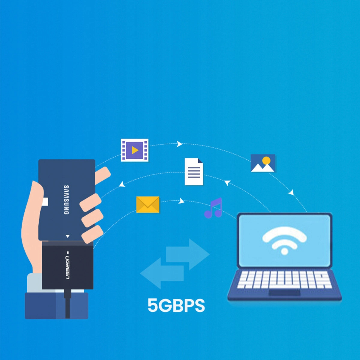 Ręka trzyma urządzenie Samsung. Ikony transferu danych wokół laptopa.