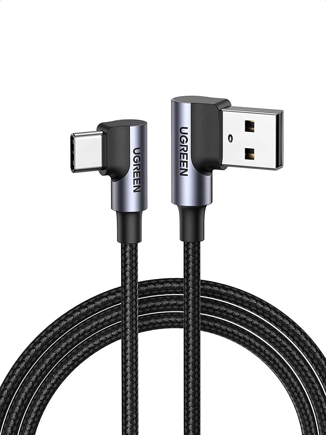Dwa kable UGREEN, jeden USB-C i jeden USB-A, połączone czarnym plecionym kablem. Złącza są srebrne.