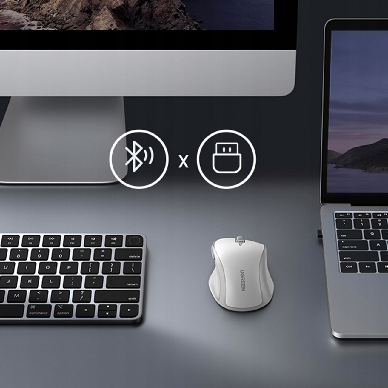 Klawiatura, biała mysz i laptop znajdują się na biurku. Wyświetlane są symbole Bluetooth i USB.