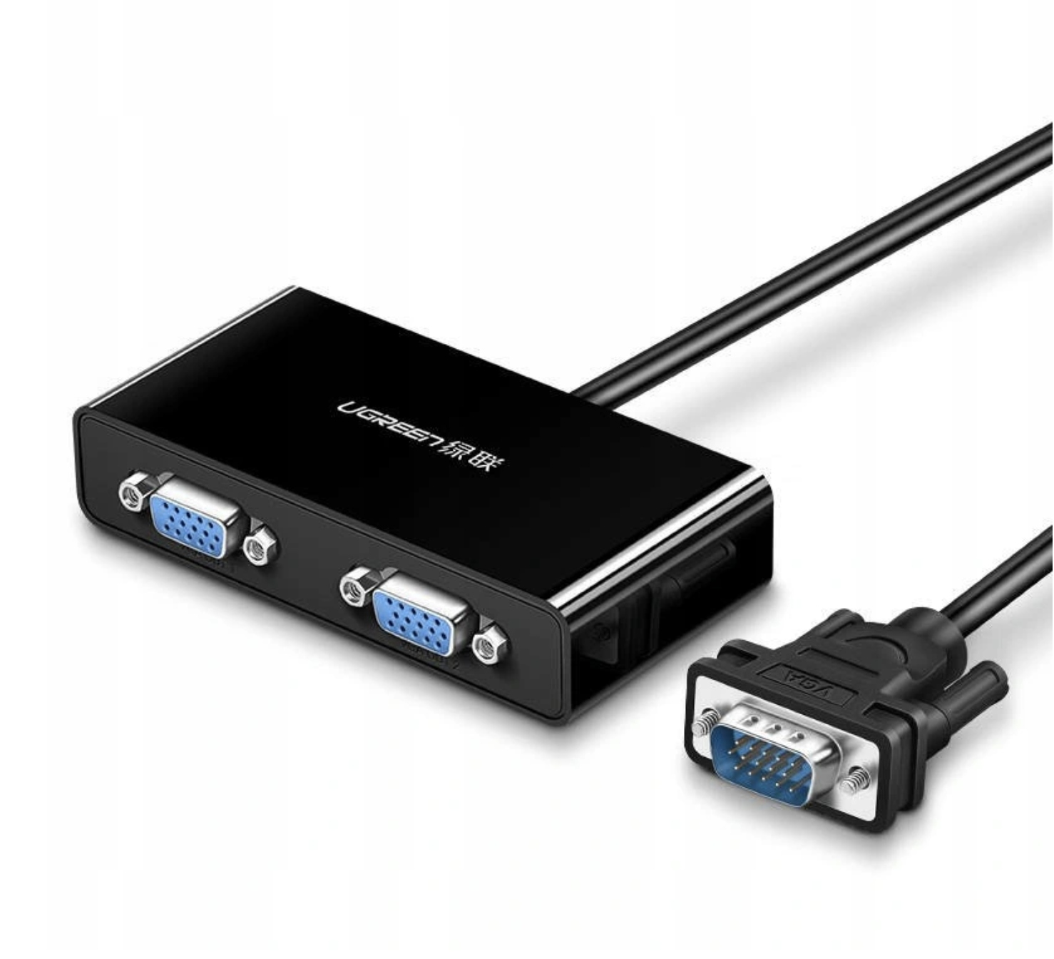 Czarny rozdzielacz VGA UGREEN z dwoma portami VGA i kablem VGA.