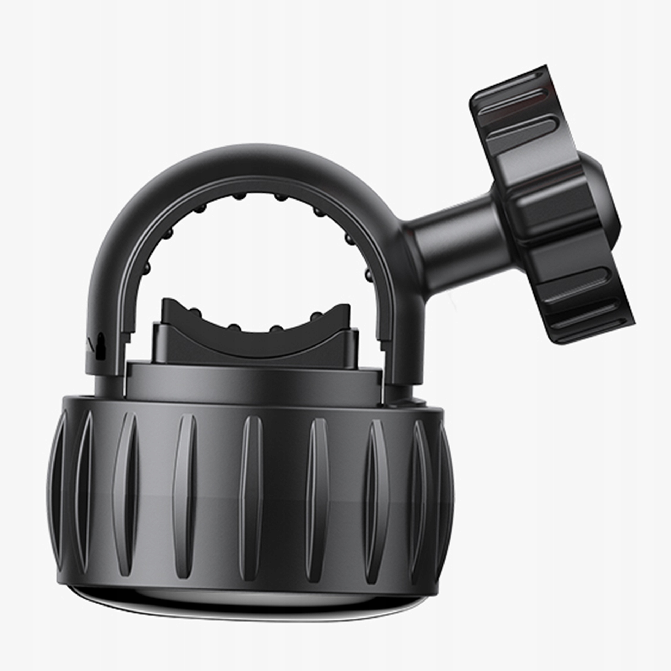 Zbliżenie obrotowego mocowania czarnego uchwytu na tablet. Ma teksturowaną cylindryczną podstawę i obrotowe ramię.