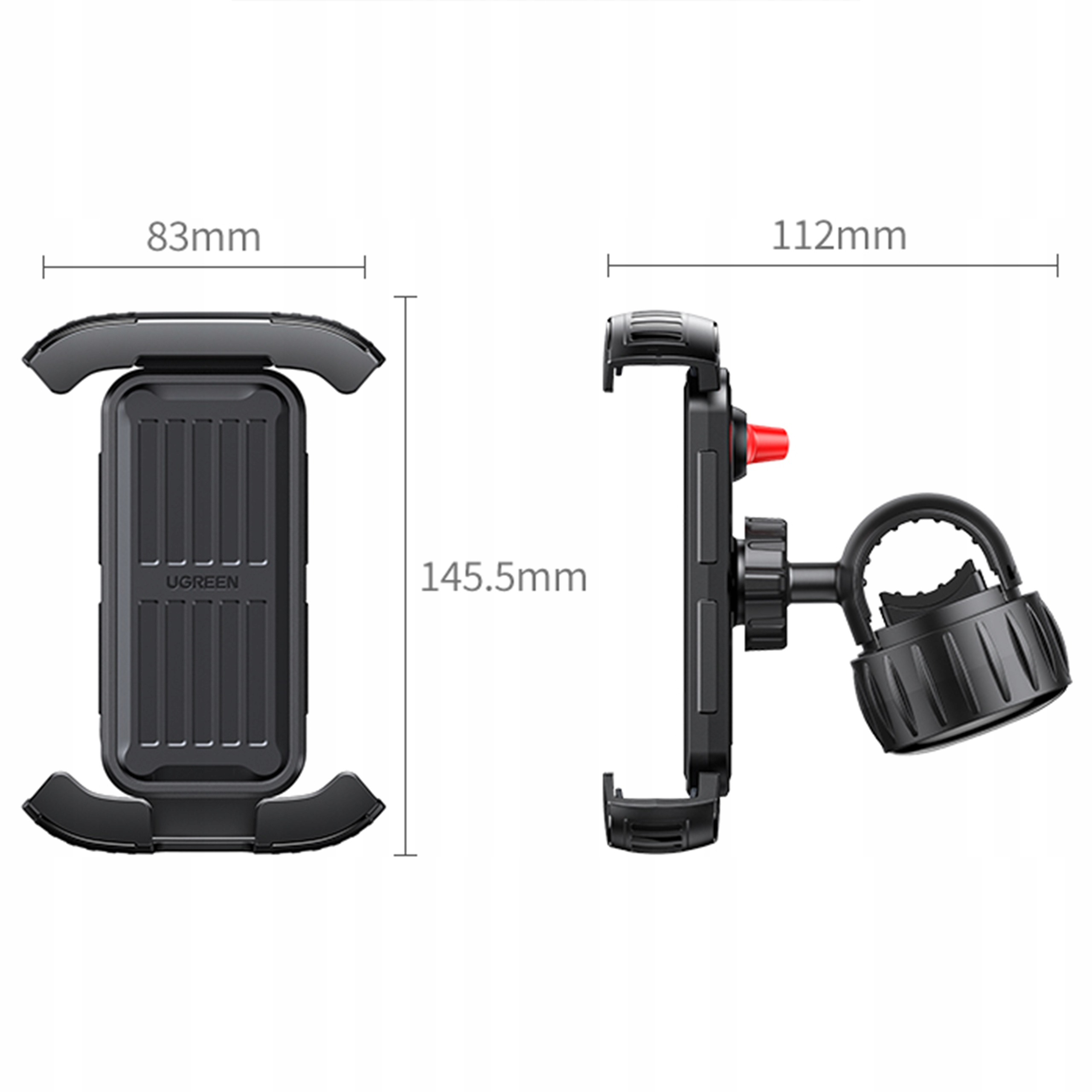 Dwa diagramy pokazujące wymiary uchwytu na tablet: 83 mm x 145,5 mm i 112 mm x 145,5 mm. Marka UGREEN.