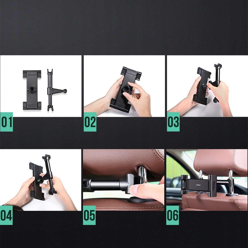 Sześć zdjęć pokazujących kroki instalacji uchwytu na tablet do zagłówka samochodowego. Uchwyt jest czarny, UGREEN.
