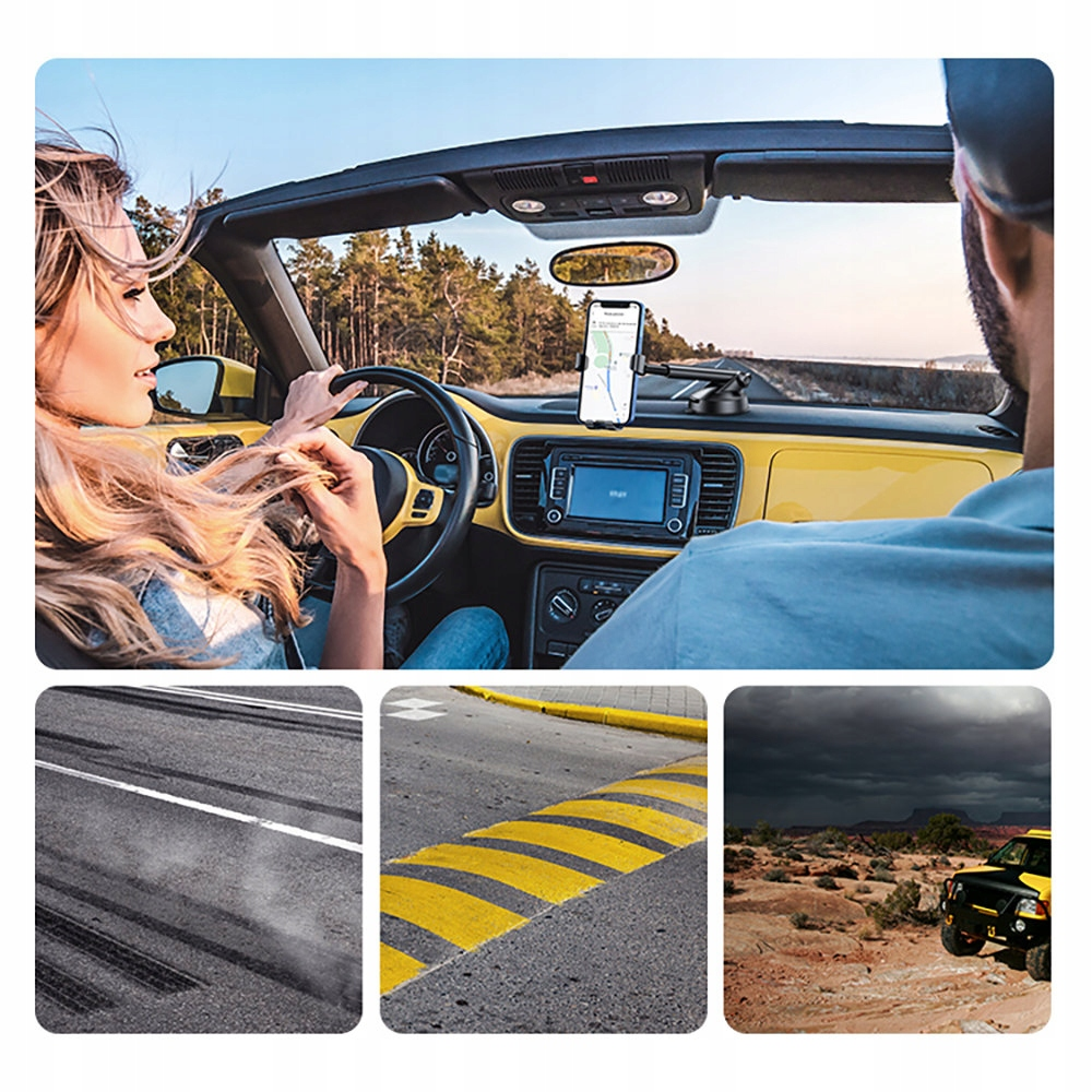 Mujer conduciendo un coche descapotable amarillo, con teléfono en soporte de coche.