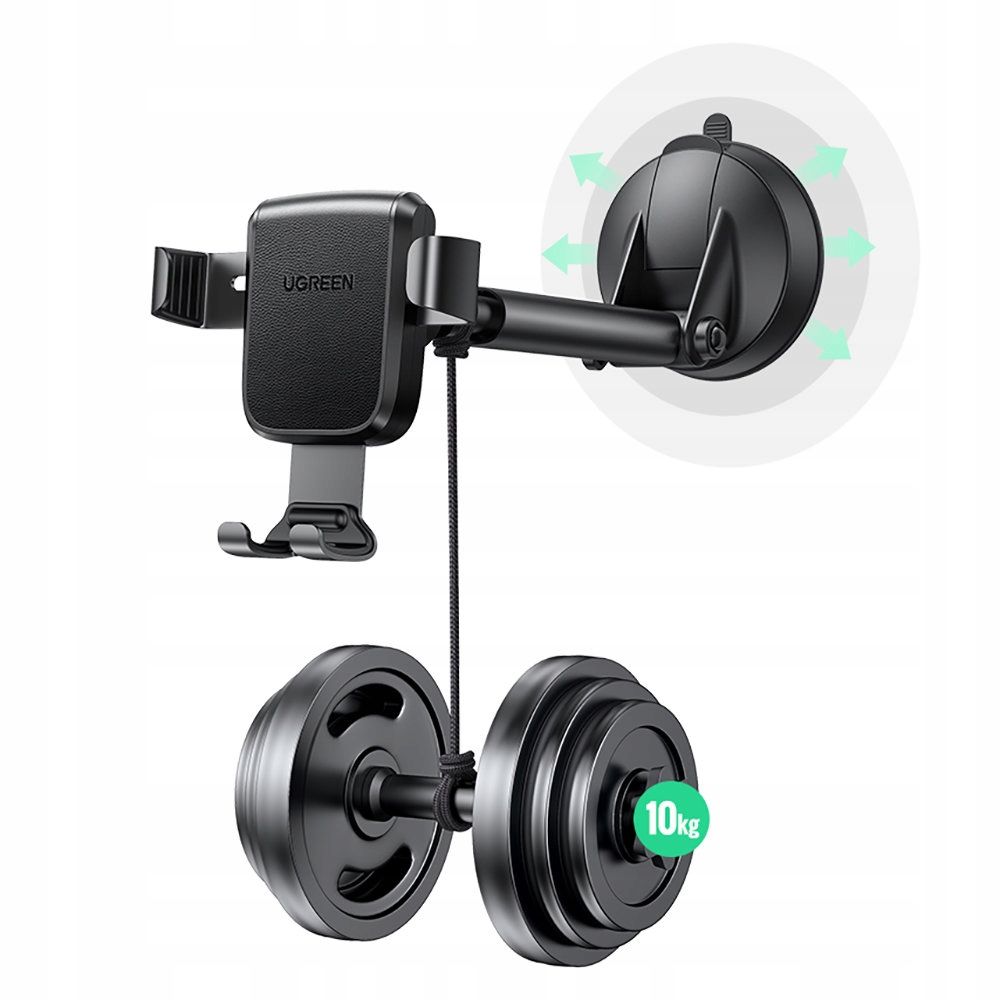 Un soporte para teléfono para coche sujeto a una pesa de 10 kg, demostrando su capacidad de sujeción. Con la marca UGREEN.