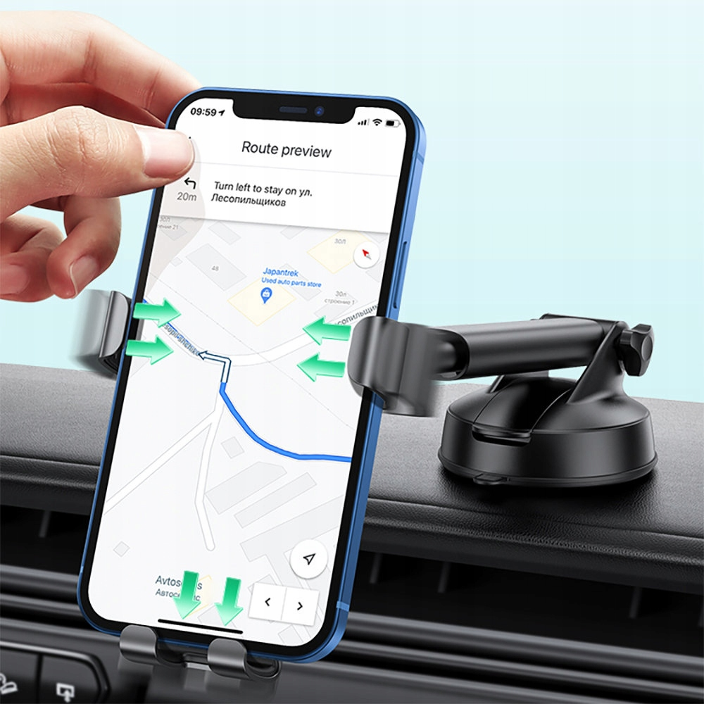 Teléfono en un soporte para coche mostrando una vista previa de la navegación.