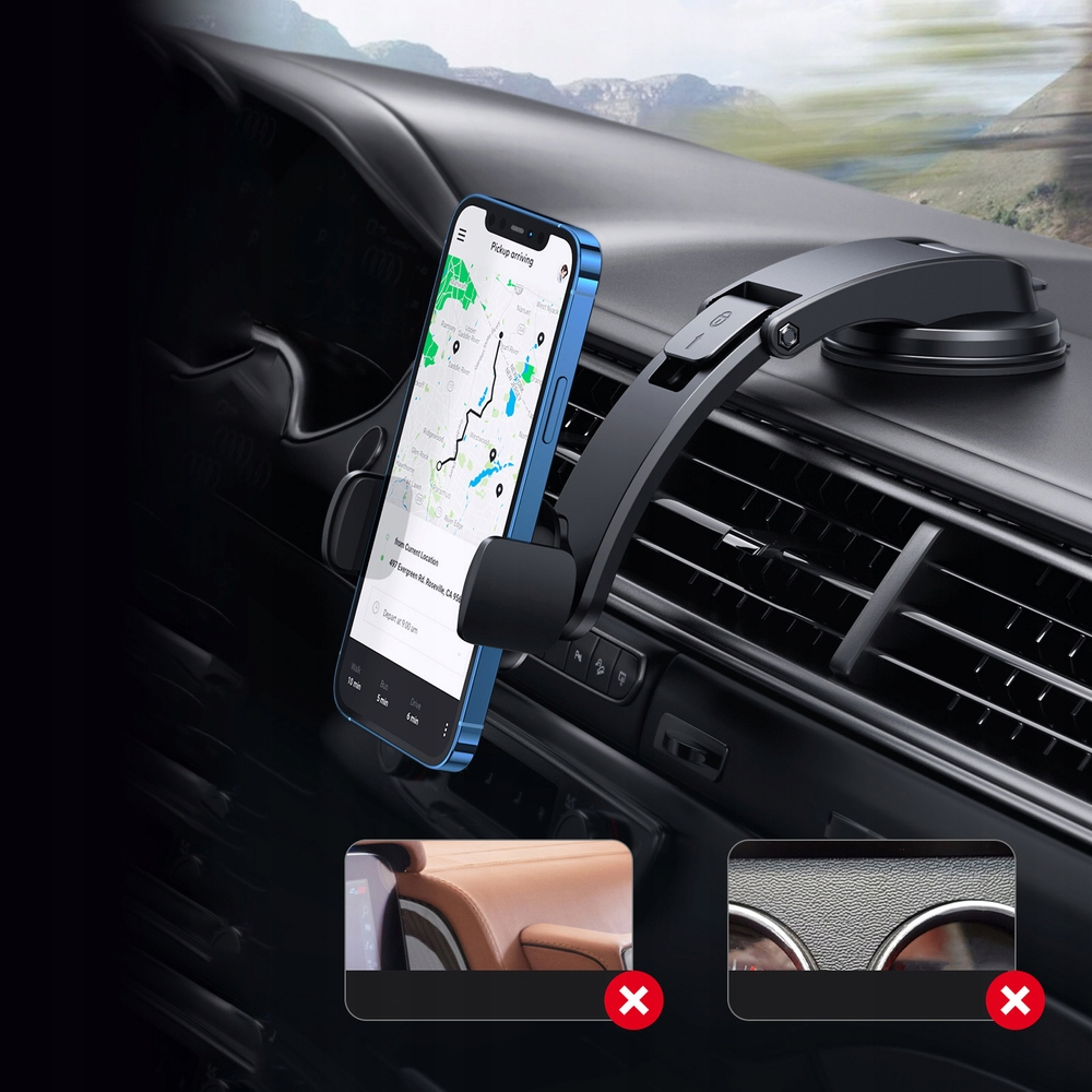 Ein Telefon, das in einem Auto montiert ist und eine Karte anzeigt. Die Halterung ist schwarz, am Armaturenbrett befestigt.