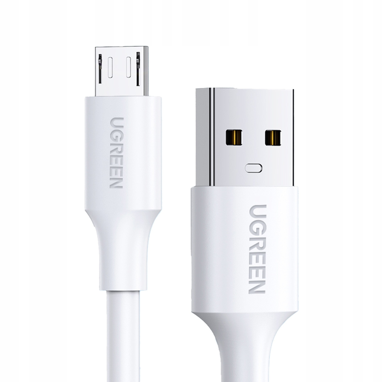 Dwa białe kable USB z marką UGREEN, jeden ze złączem micro USB.