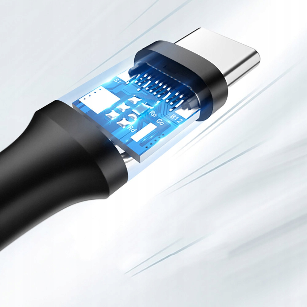 Nahaufnahme eines USB-C-Kabels, das die inneren Komponenten zeigt. Blaue Leiterplatte mit weißen Lichtern sichtbar.