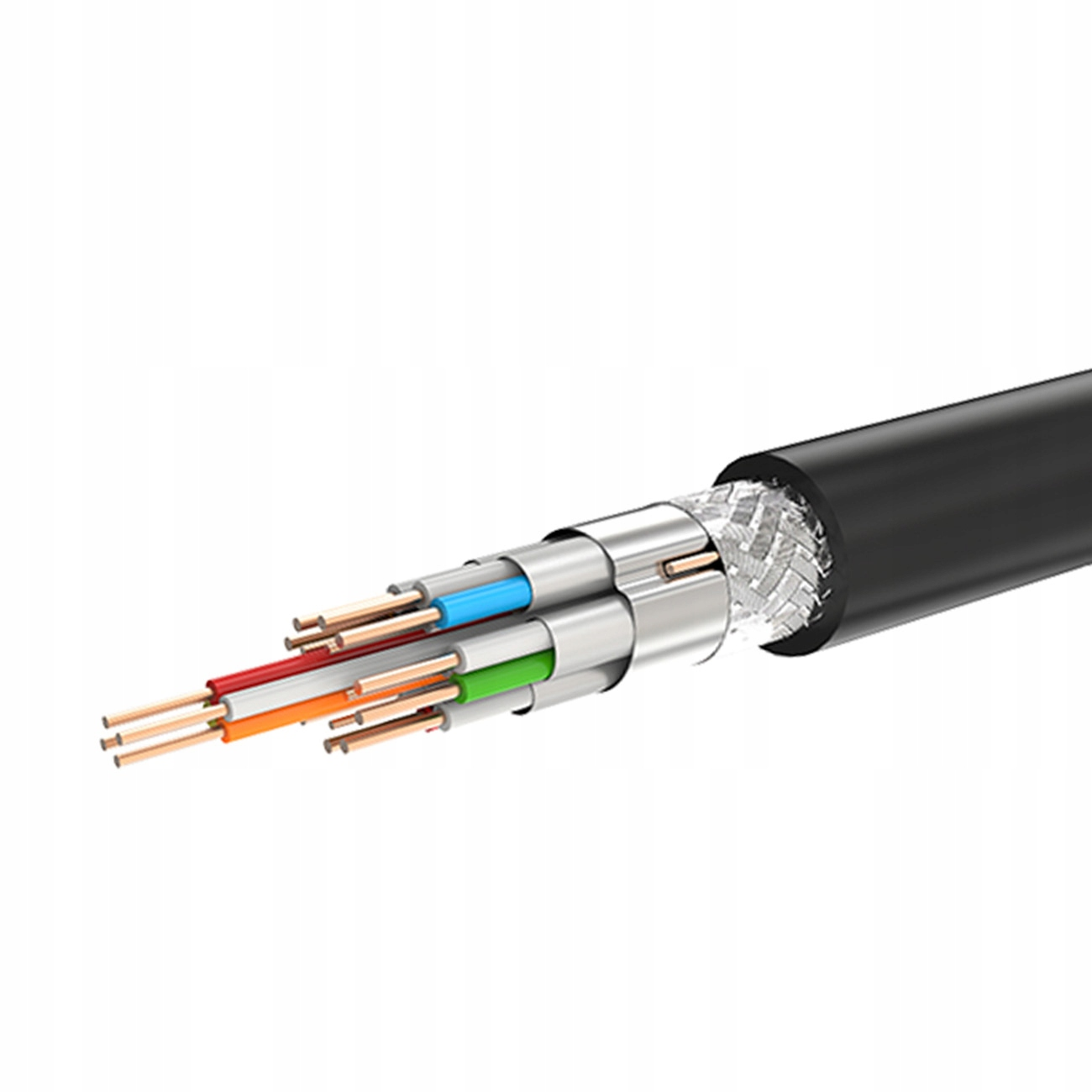 Zbliżenie czarnego kabla z miedzianymi przewodami i srebrnym plecionym ekranem.