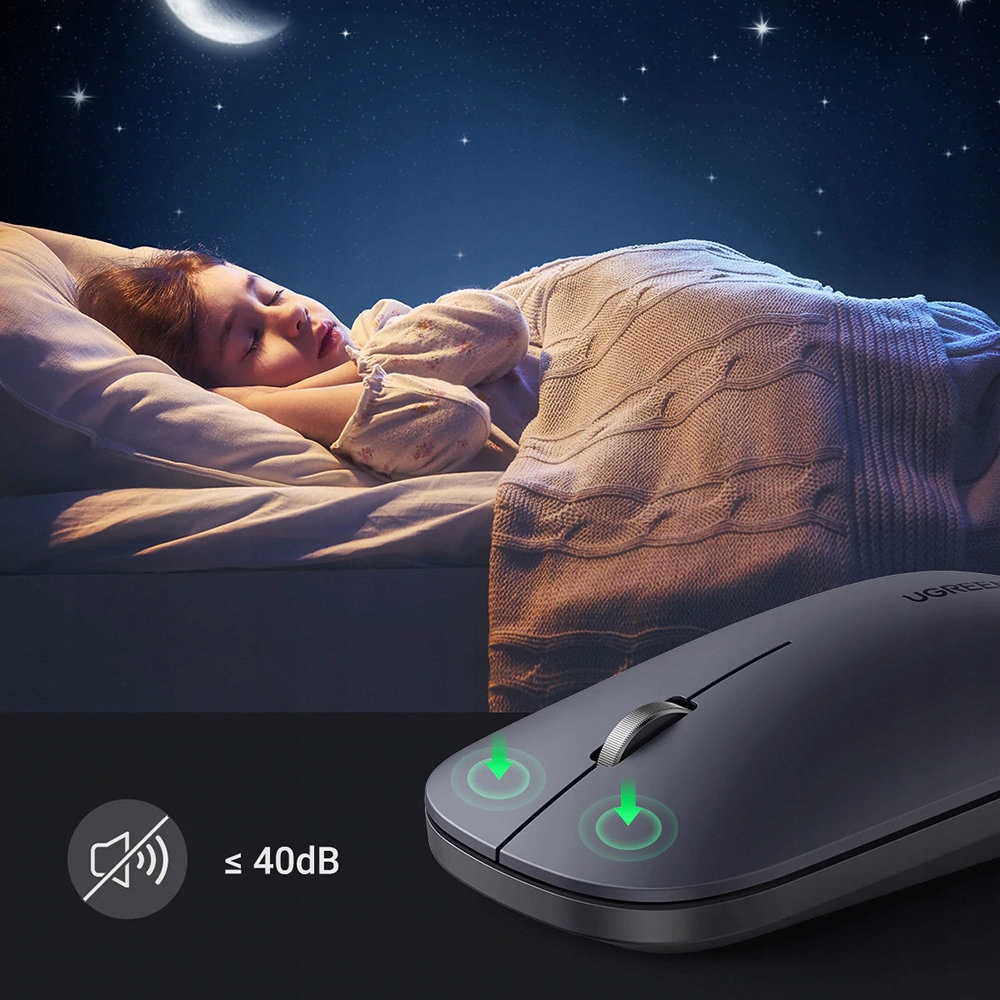 Ein schlafendes Mädchen bei Nacht mit einer kabellosen Maus und dem Mond im Hintergrund. Maus der Marke UGREEN.