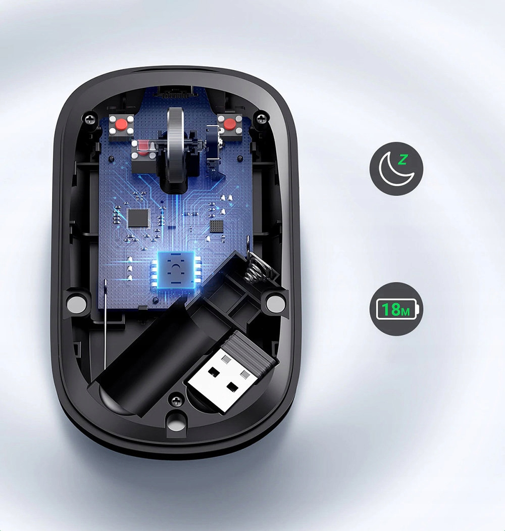 Explosionszeichnung einer kabellosen Maus. Die internen Komponenten sind sichtbar, einschließlich eines USB-Empfängers.
