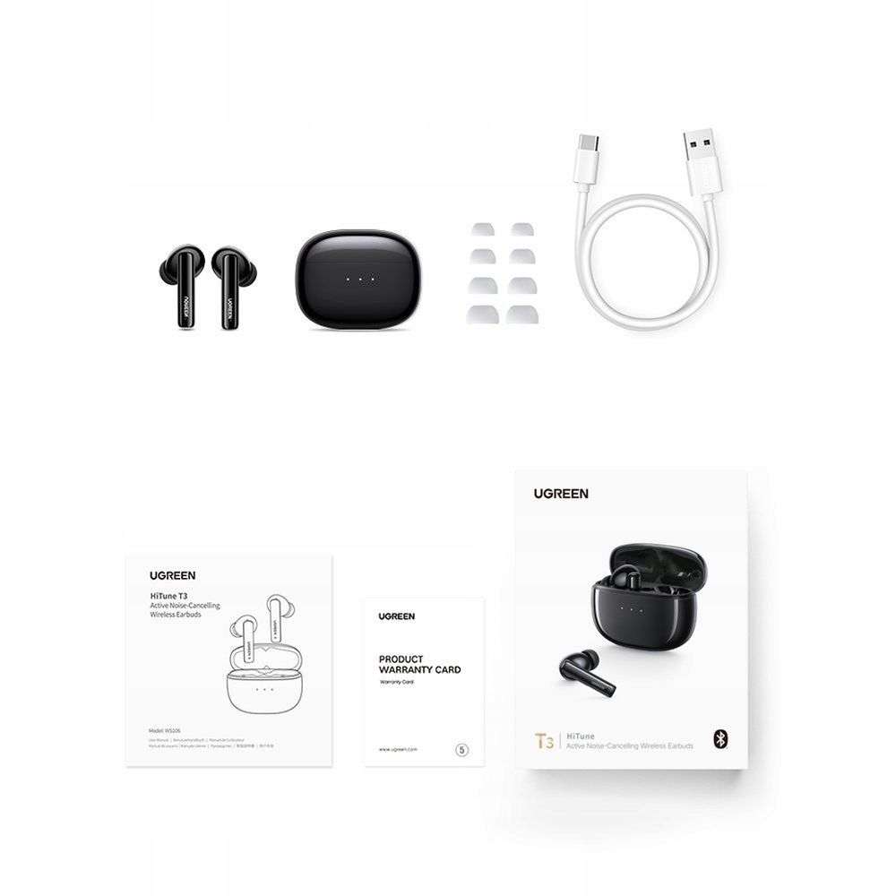 Eine Auswahl an UGREEN HiTune T3 Active Noise-Cancelling Wireless Earbuds und Zubehör.