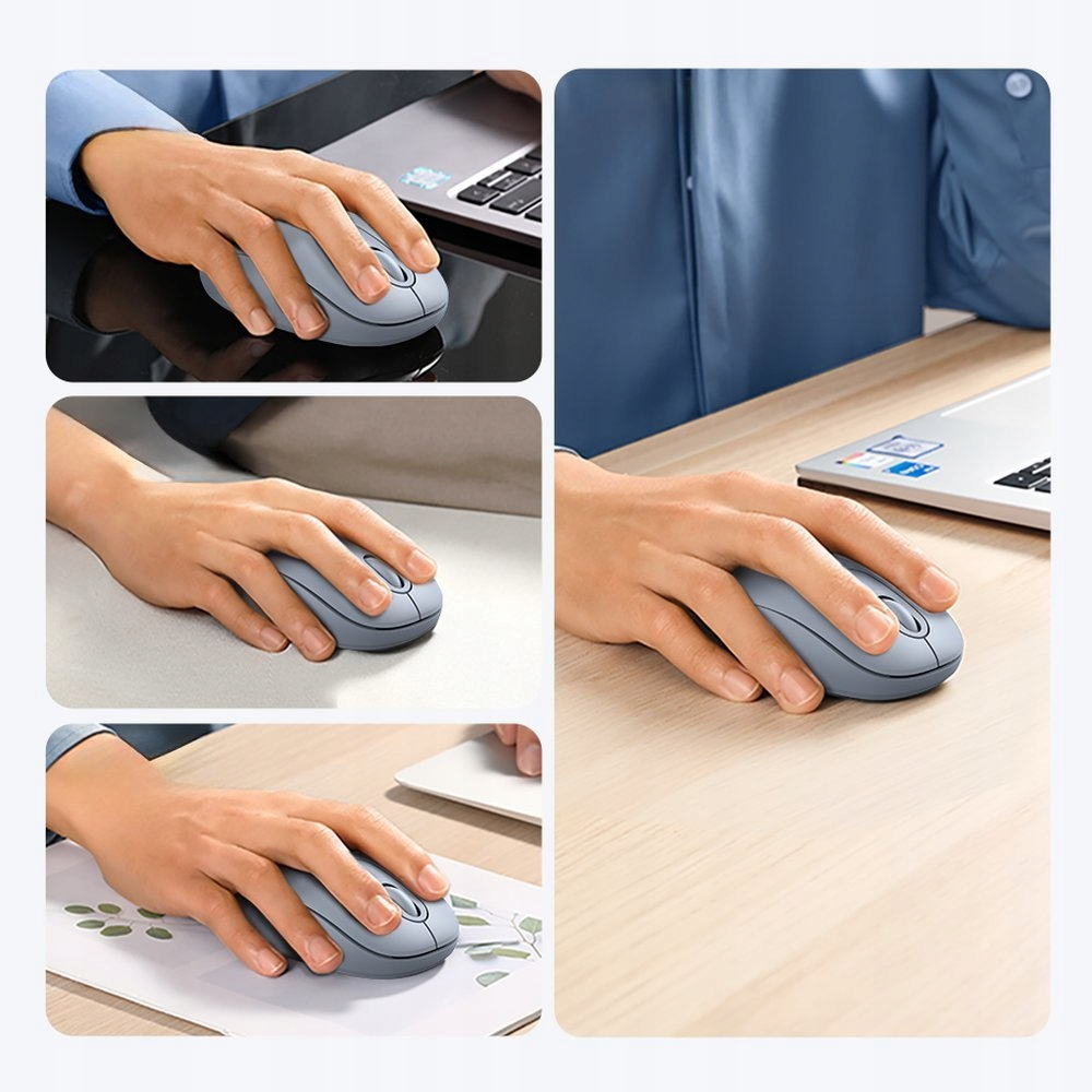 Wiele obrazów przedstawiających dłonie używające jasnoniebieskiej myszy bezprzewodowej na różnych powierzchniach i w różnych pozycjach.