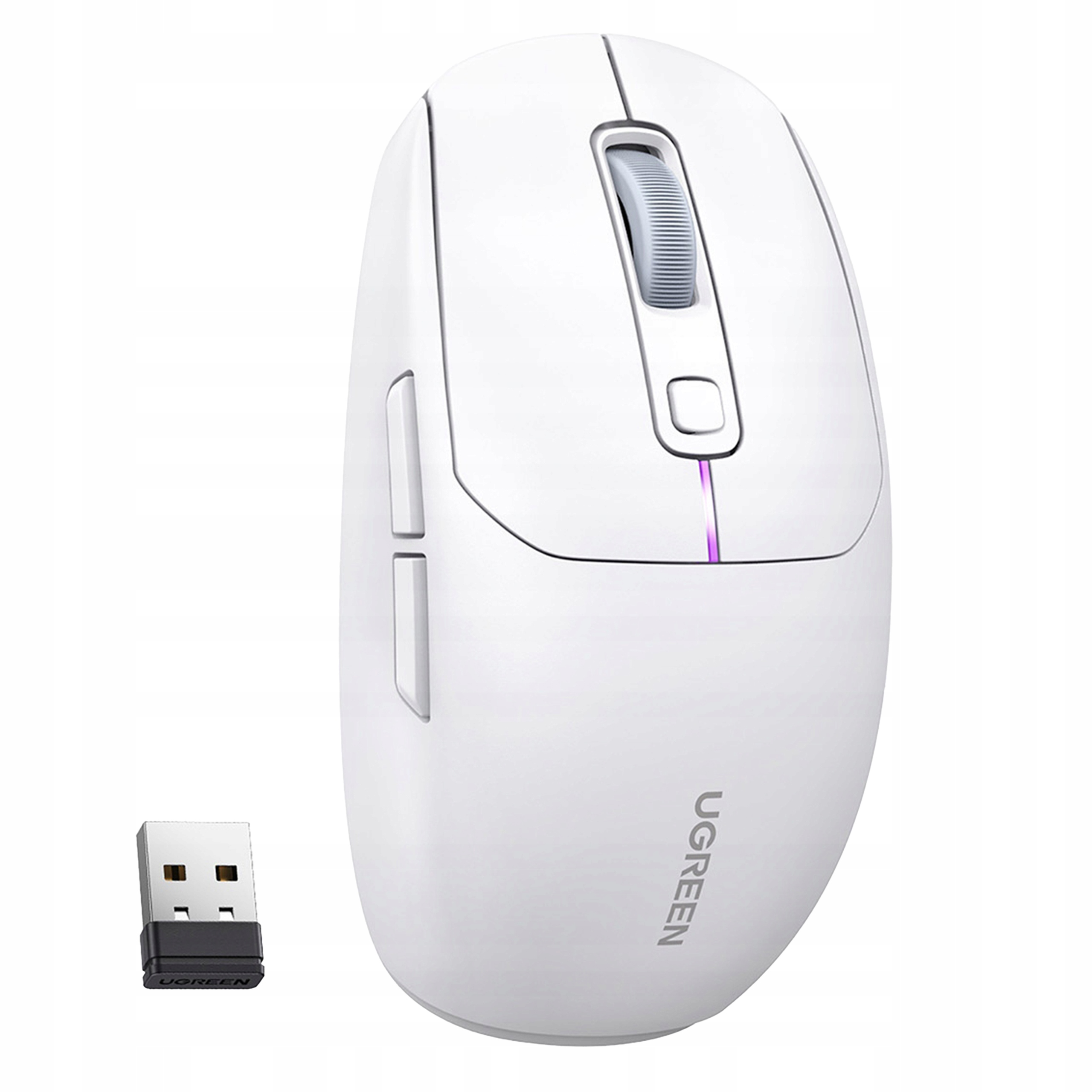 Eine weiße kabellose Maus mit USB-Empfänger. Die Maus hat ein Scrollrad, zwei Seitentasten und ein UGREEN-Logo.