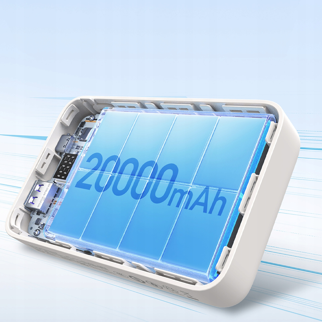 Open powerbank met batterijcellen en tekst '20000mAh'. Witte behuizing, blauwe batterijcellen.