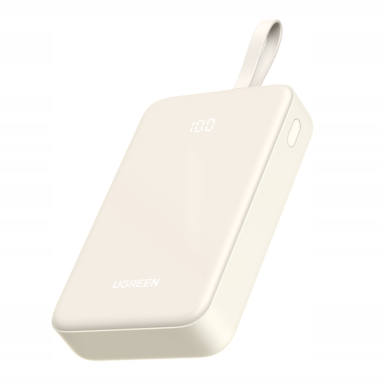 Beige powerbank met een display met '100'. Het heeft een riem en het UGREEN-logo.
