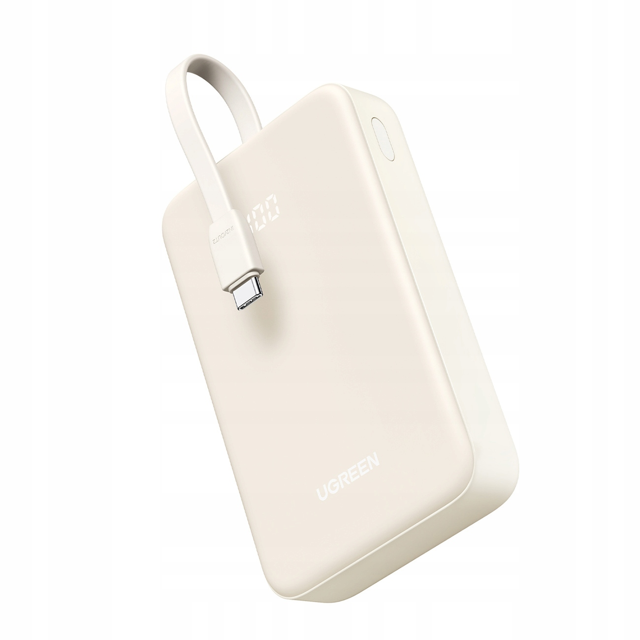 Een witte UGREEN powerbank met een oplaadkabel bevestigd. De powerbank geeft '100' weer en heeft het UGREEN-logo.
