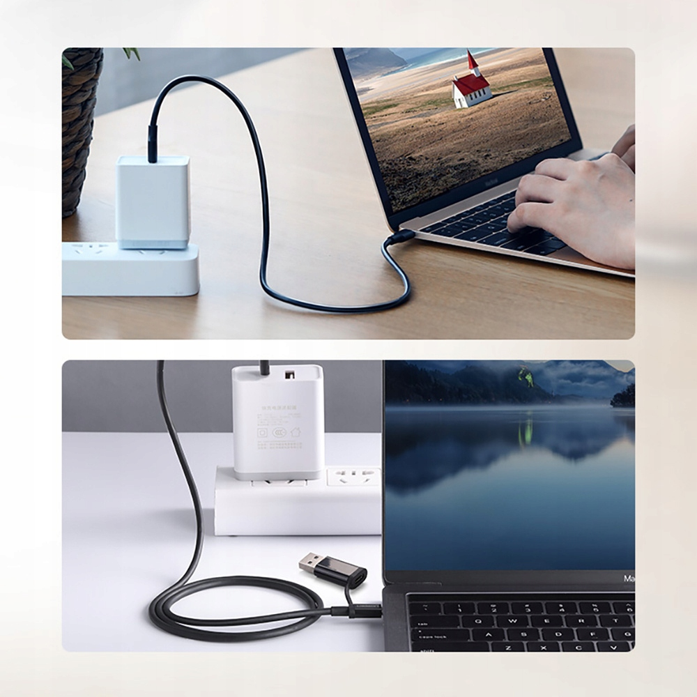 Zwei Bilder, die ein Ladegerät zeigen, das in eine Steckdose und einen Laptop gesteckt wird.