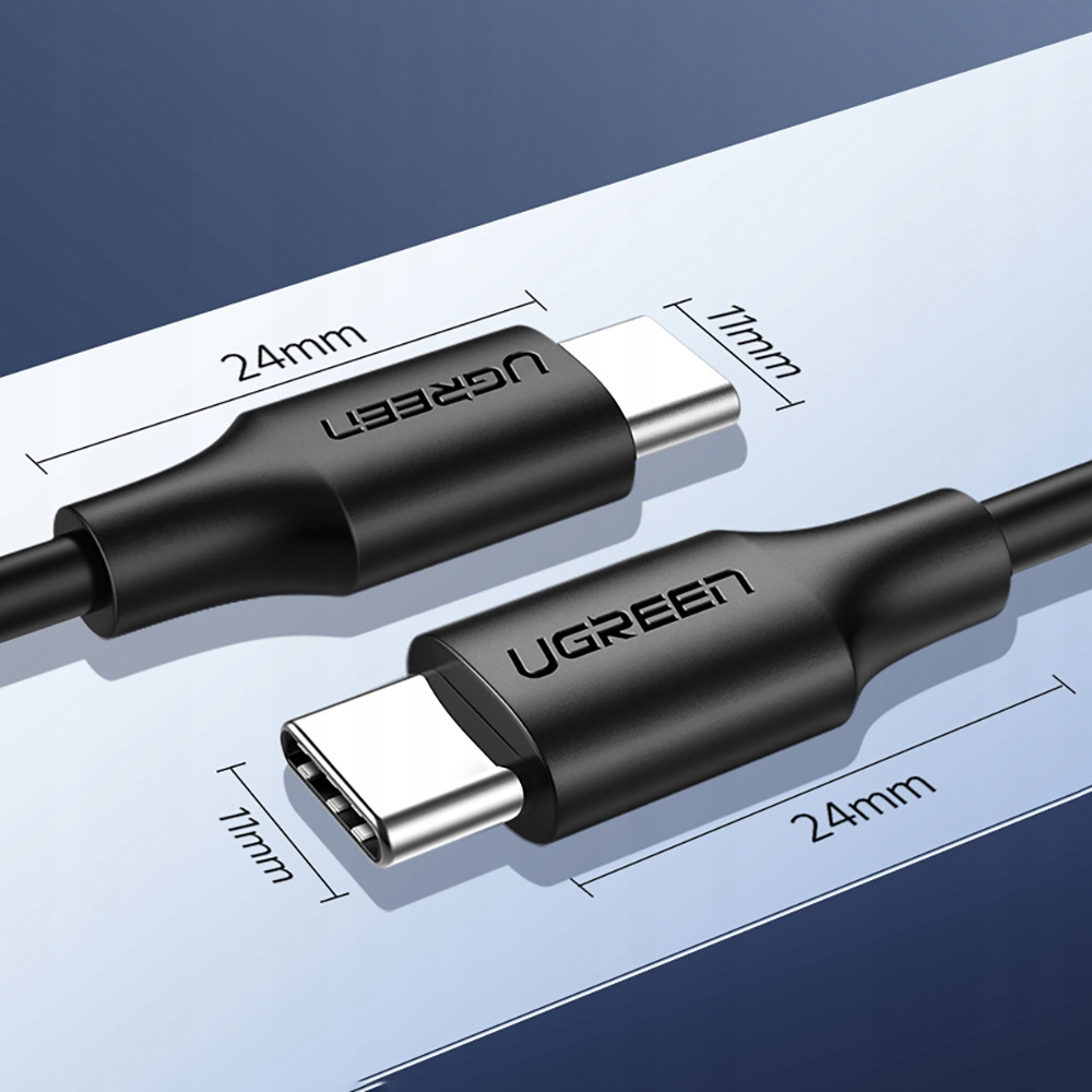 Zwei schwarze UGREEN USB-C-Kabel mit den Abmessungen: 24 mm und 11 mm. Sie werden auf einer blauen Oberfläche angezeigt.