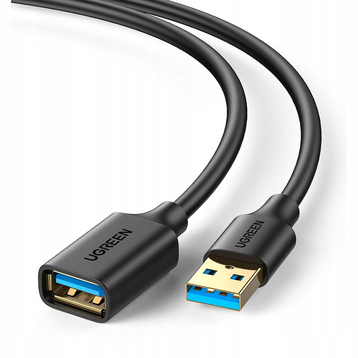 Un cavo USB nero con un connettore USB-A e un connettore USB-B, entrambi con interni blu.