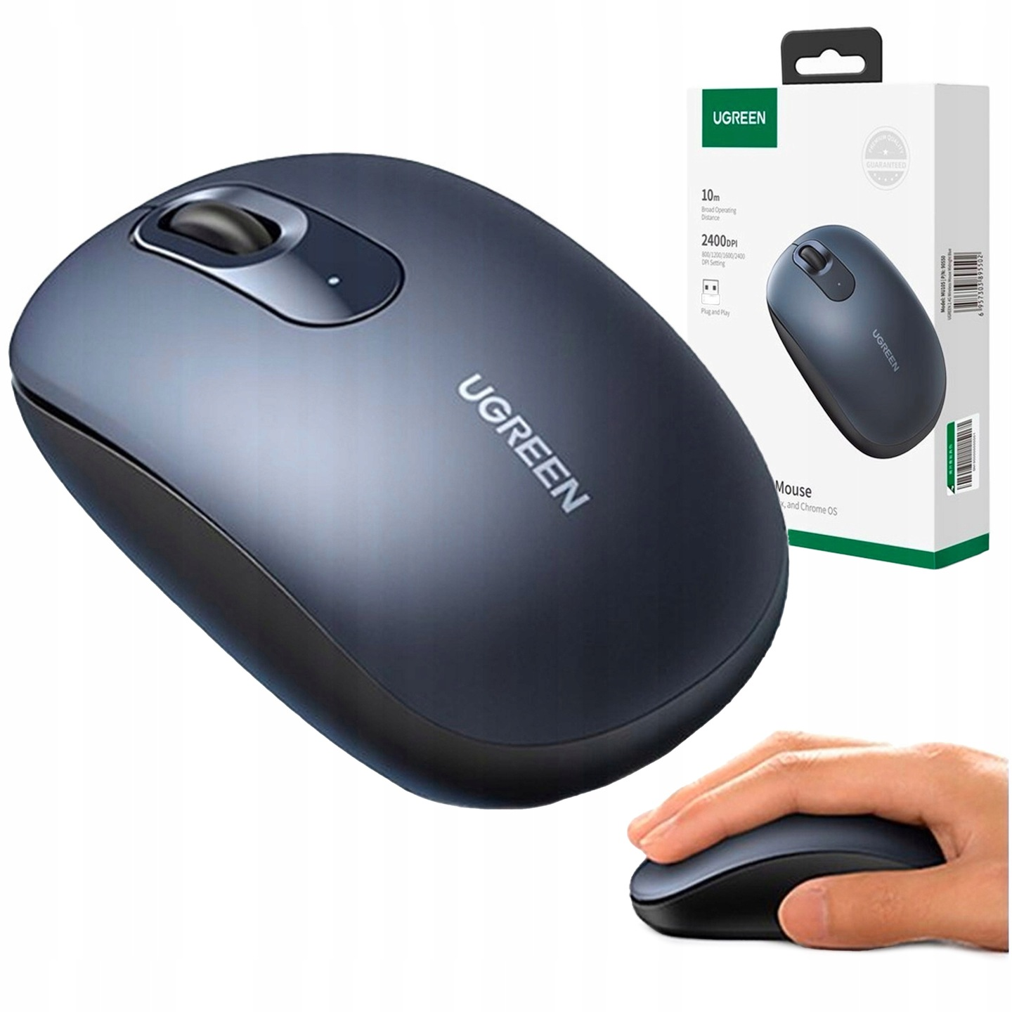 Ciemnoniebieska mysz bezprzewodowa UGREEN, pudełko ze zdjęciem myszy i dłoń używająca myszy.