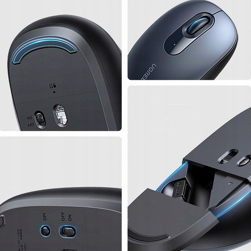 Kolaż zdjęć przedstawiających różne widoki ciemnoniebieskiej myszy UGREEN, podkreślających jej funkcje.