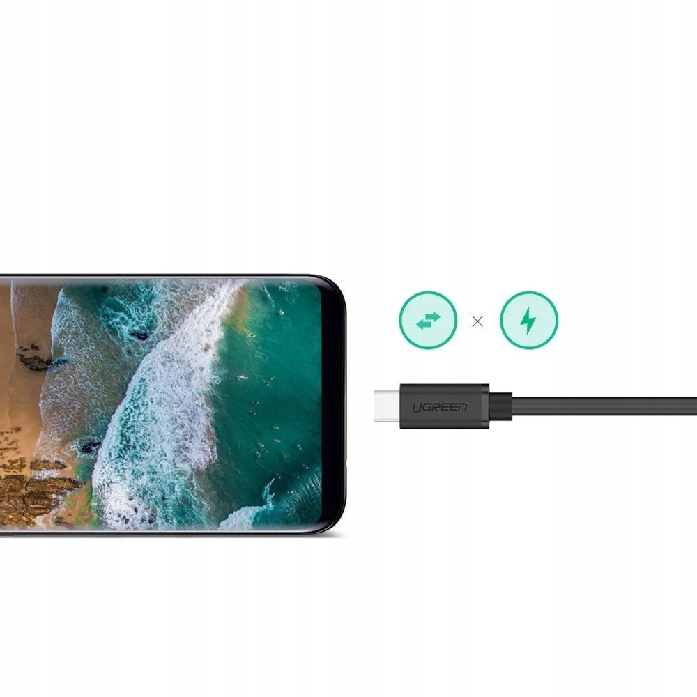 Een smartphone met een UGREEN-kabel aangesloten. De oplaad- en gegevensoverdrachtsymbolen worden getoond.