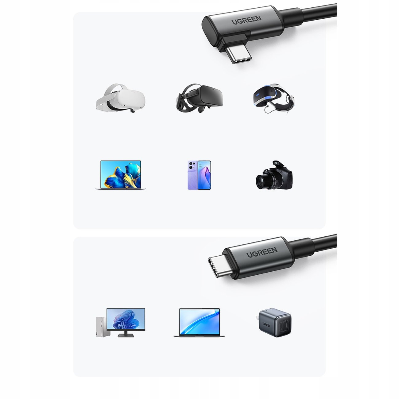 UGREEN-Kabel und verschiedene Geräte: VR-Headsets, Telefone, Kameras, Laptops und Ladegeräte.