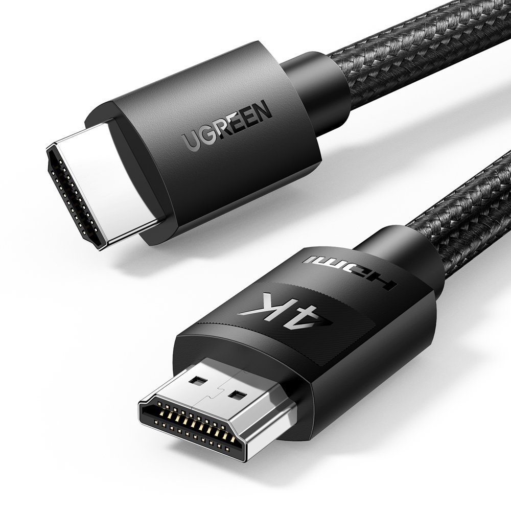 Dwa czarne kable HDMI UGREEN, jeden z logo UGREEN, drugi z logo 4K HDMI na białej powierzchni.