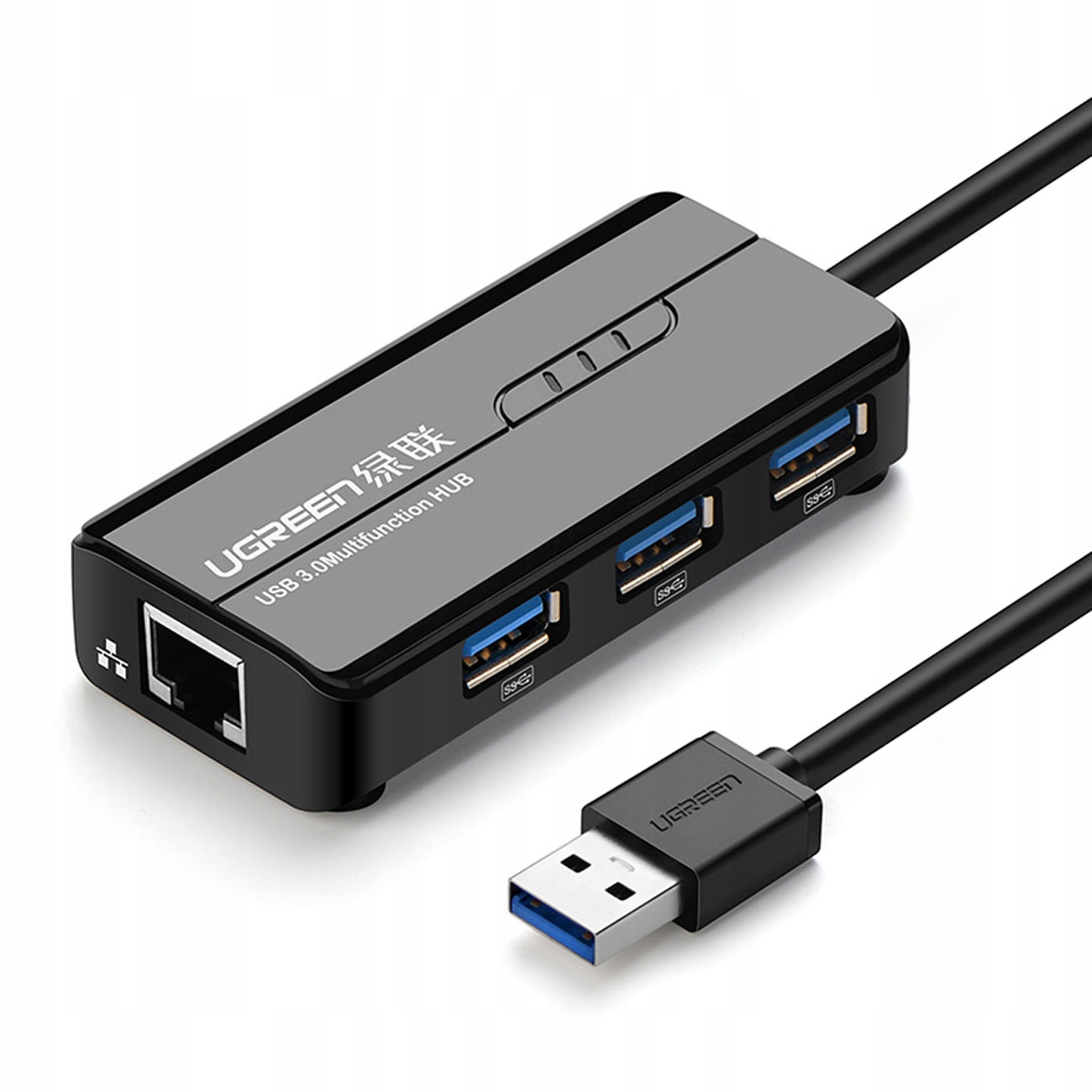 Czarny hub USB 3.0 z 4 portami USB i portem ethernet. Posiada złącze USB na czarnym kablu.