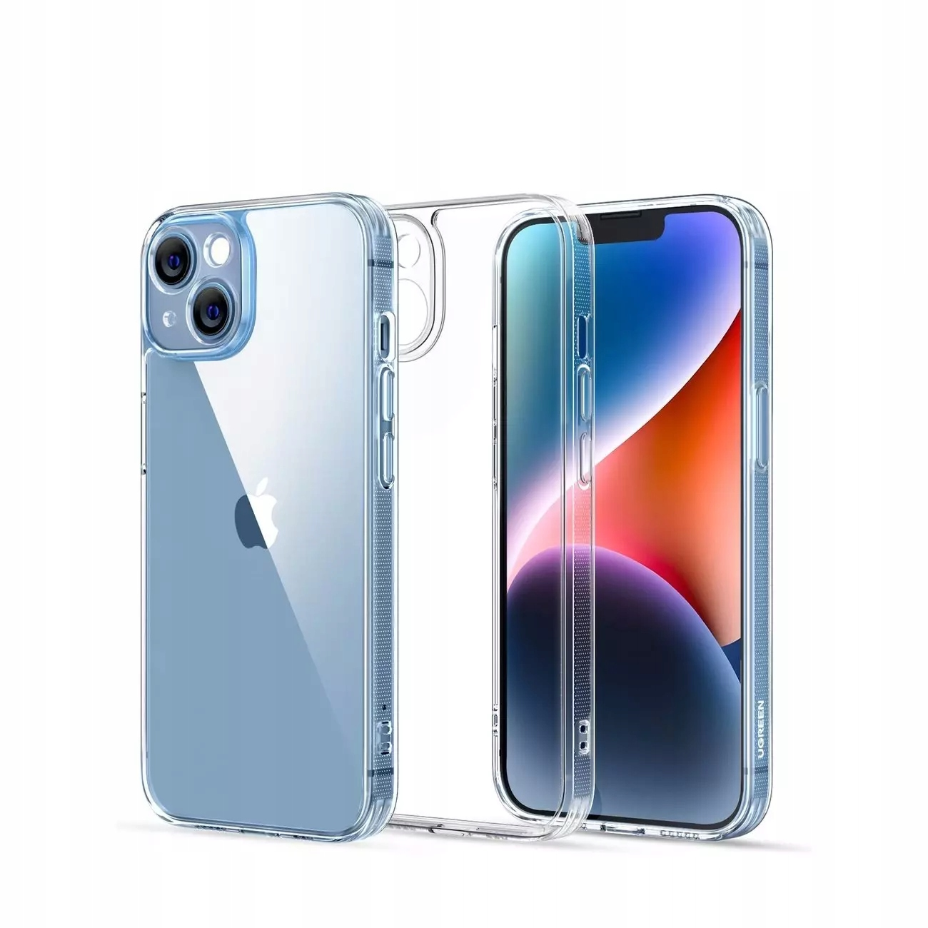 Tre custodie trasparenti per telefono e un telefono. Una custodia è aperta. Il telefono ha uno schermo blu e bianco. Le custodie sono trasparenti.