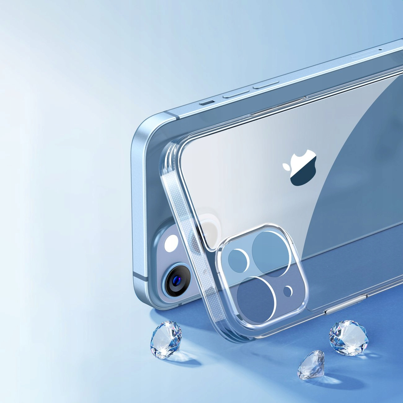 Due telefoni dentro custodie trasparenti con diamanti davanti, sfondo blu.